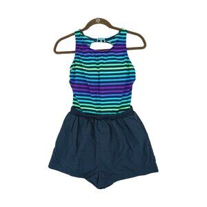Orvis Swimsuit Women's 12 One Piece Striped Multicolor Shorts Tank Ribbed Modest